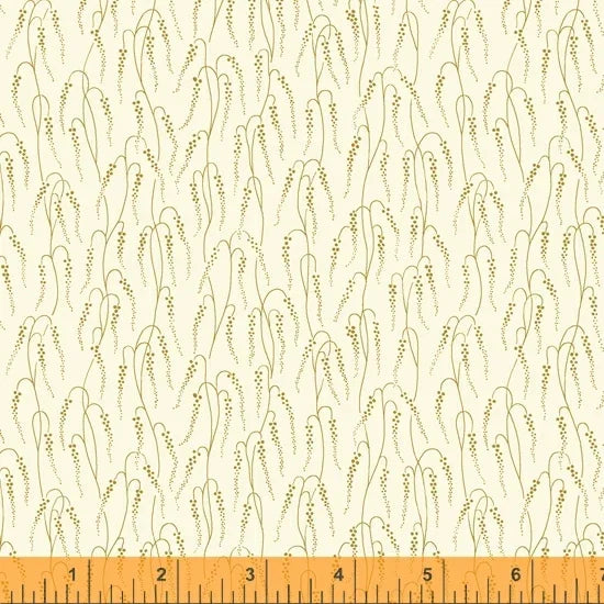 Linen fabric swatch with delicate gold vine and leaf pattern on light cream