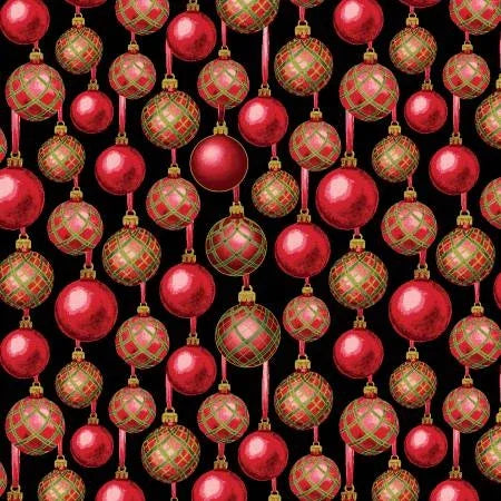 Hanging red and green baubles with gold strings ornament print fabric