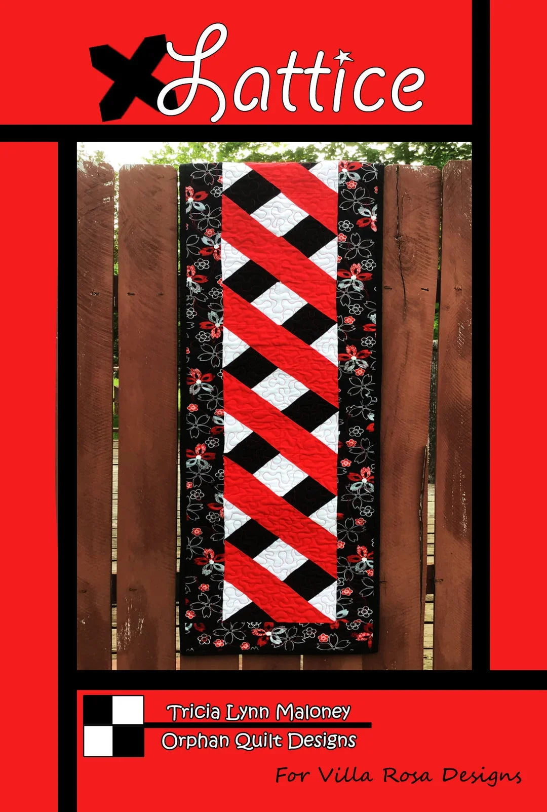 Lattice table runner quilt pattern with black, red, and white chevron runner design