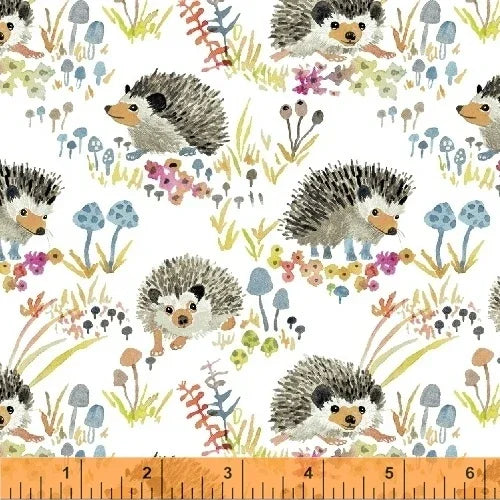 White fabric with repeating hedgehog and woodland plants illustration pattern