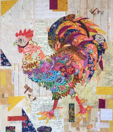 Rooster patchwork collage pattern close-up with colorful floral feathers and scraps
