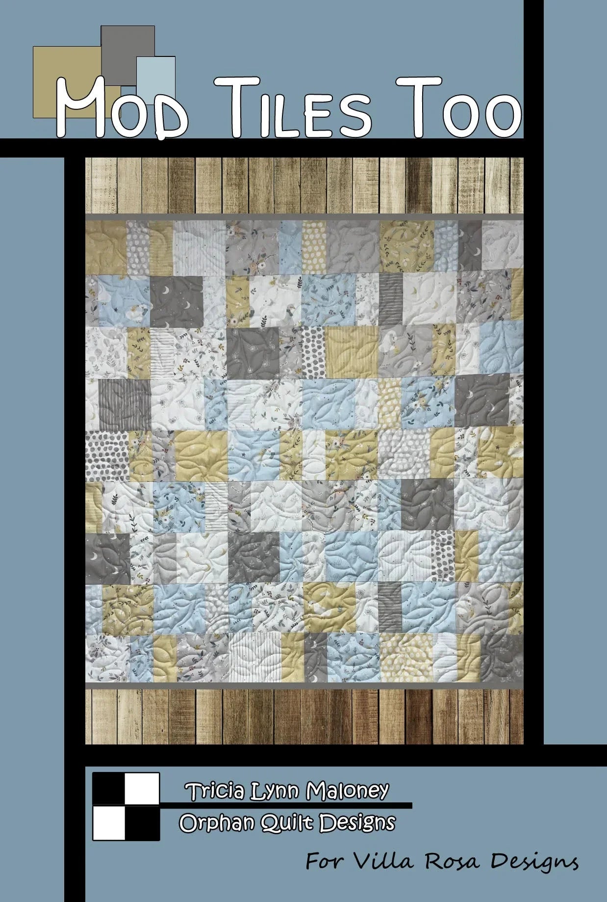 Patchwork quilt pattern featuring light blue and gray square blocks with tan accents