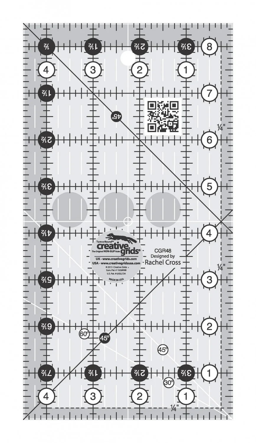 Non-slip quilting ruler with inch grid, numbers, and QR code