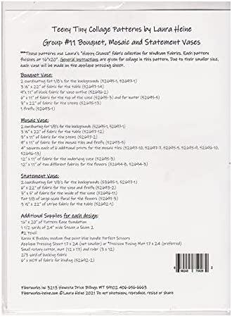 Quilt pattern instruction sheet for vase collage designs, with measurements and barcode