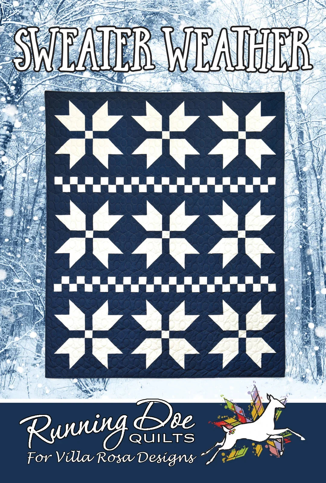 Sweater Weather quilt pattern with navy and white star blocks