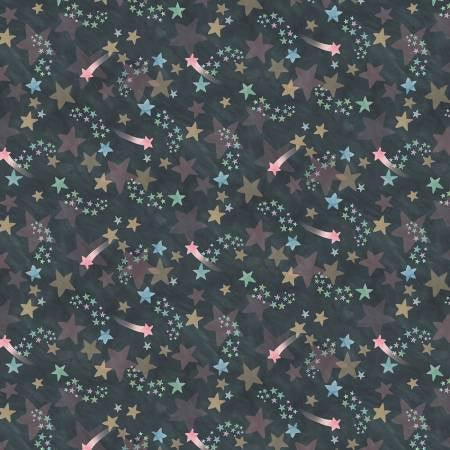 Charcoal fabric with multicolor night sky stars and crescent moons