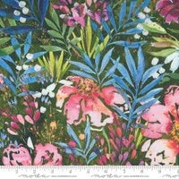 Floral and fern fabric panel with pink flowers, green leaves, and blue accents