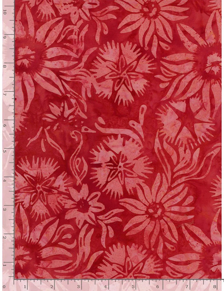 Red floral fabric swatch with abstract flowers and leaves