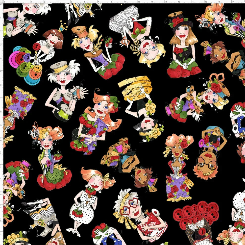 Black quilt fabric with playful illustrated people, hats, and kitchen items