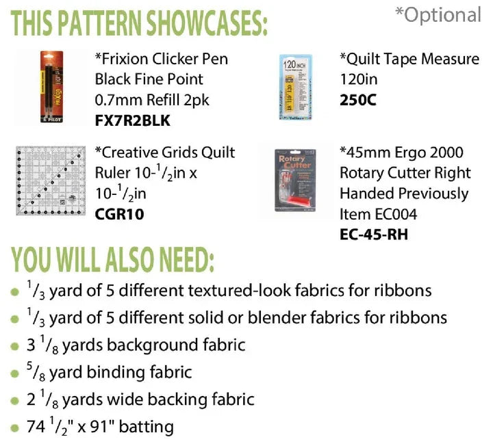 Quilt pattern guide card showing supplies list and optional tools section