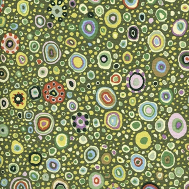 Leafy Roman Glass fabric with green circular pattern in multicolor rings