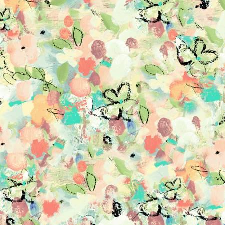Floral and butterfly print fabric with pastel peach, teal, and black outlines
