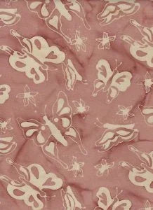 Batik fabric with cream butterfly and leaf motifs on dusty pink background