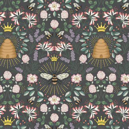 Dark grey fabric with gold metallic beehive and floral crown pattern
