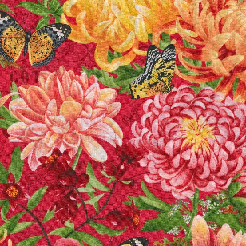 Red floral quilting fabric with large pink and orange blooms and butterflies