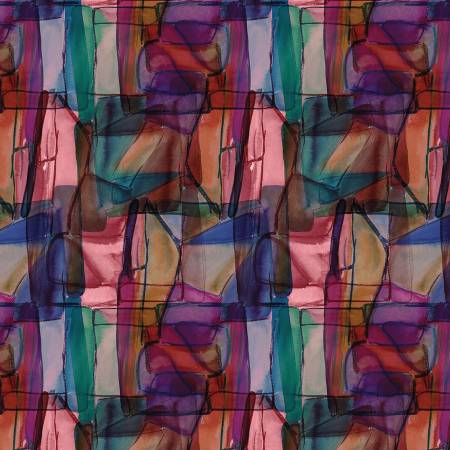 Abstract painted prism fabric in coral, teal, purple, and blue