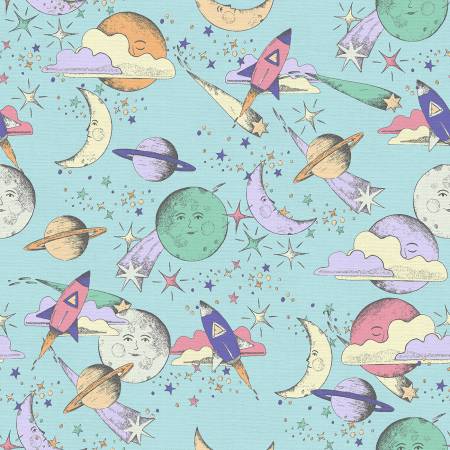 Last chance one yard cut Dreamy Solar System Blue by Paintbrush Studio Fabrics