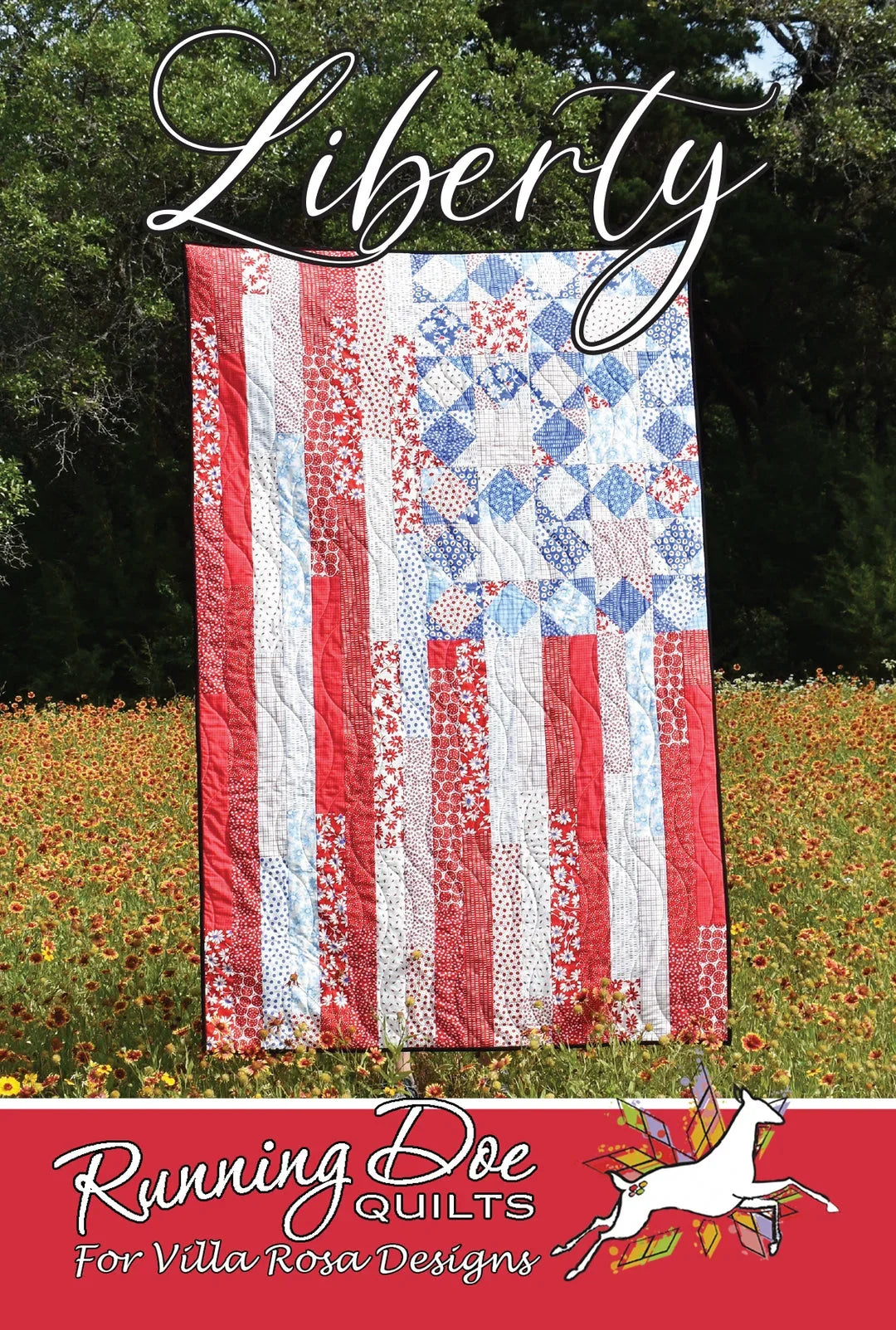 Liberty quilt with red, white, and blue patchwork stripe blocks