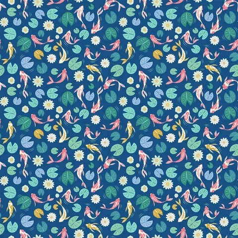 Navy fabric with fish, flowers, and leaf pattern