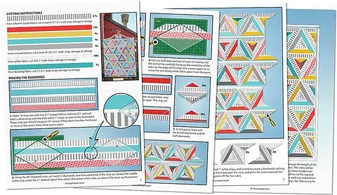 Quilt pattern instruction pages with cutting diagrams and striped triangle block assembly steps