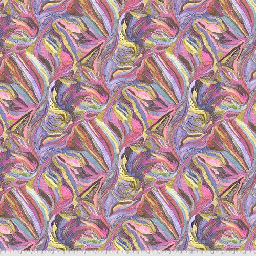 Abstract leaf-pattern fabric swatch with multicolor wavy lines on pink