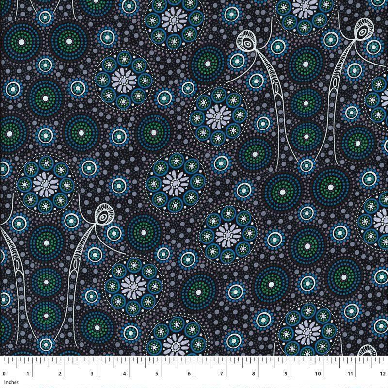 Black fabric with teal and white circular bush tucker pattern, detailed motifs and dots