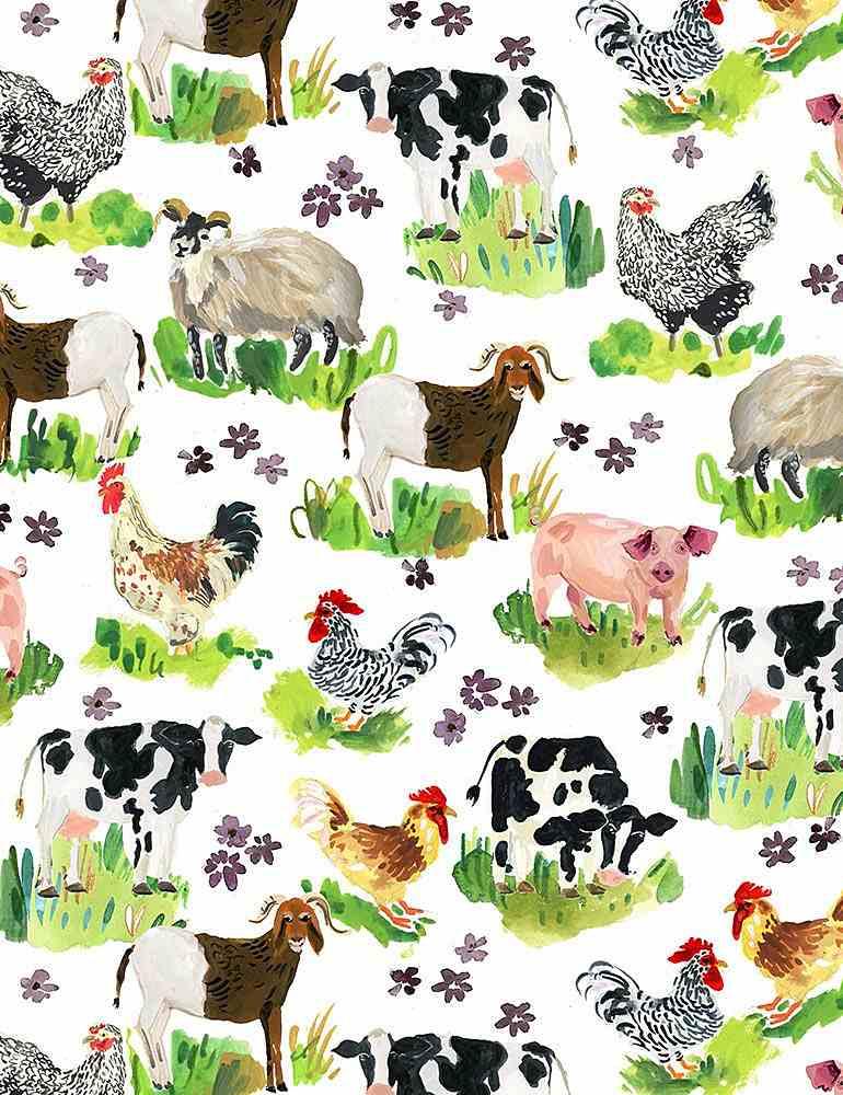 White fabric swatch with mixed farm animals and small purple flower motifs