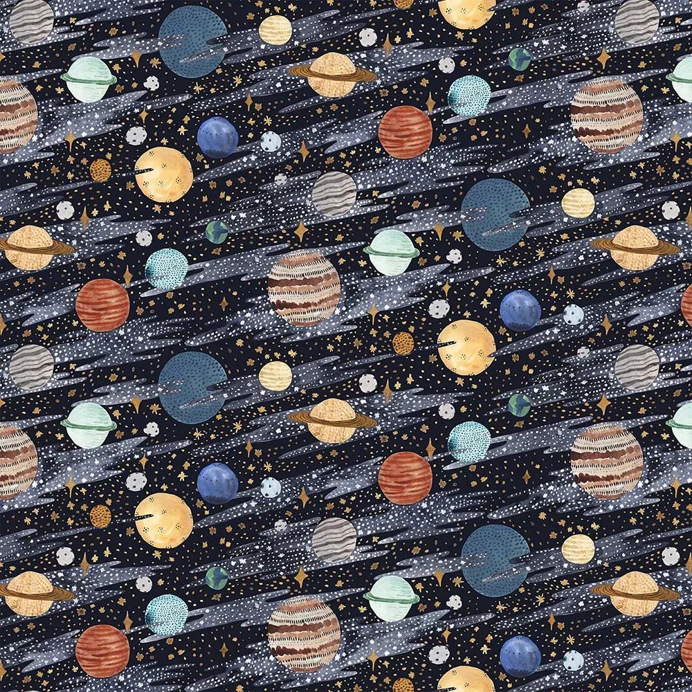 Dark navy space fabric with multicolor planets and stars