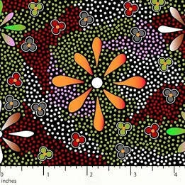 Decorative fabric panel with colorful desert flower pattern on dark background