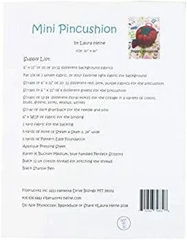 Mini pin cushion collage pattern sheet with printed instructions and dimensions