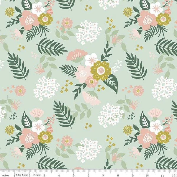 Mint floral fabric with hibiscus, daisies, and leafy sprigs pattern