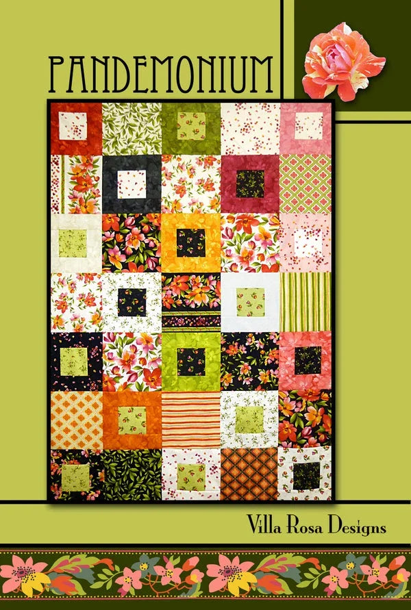 Quilt pattern sheet with floral patchwork blocks in green, orange, cream and red