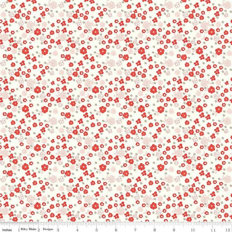 Riley Blake floral cotton fabric on cream with small red and pink flower motifs