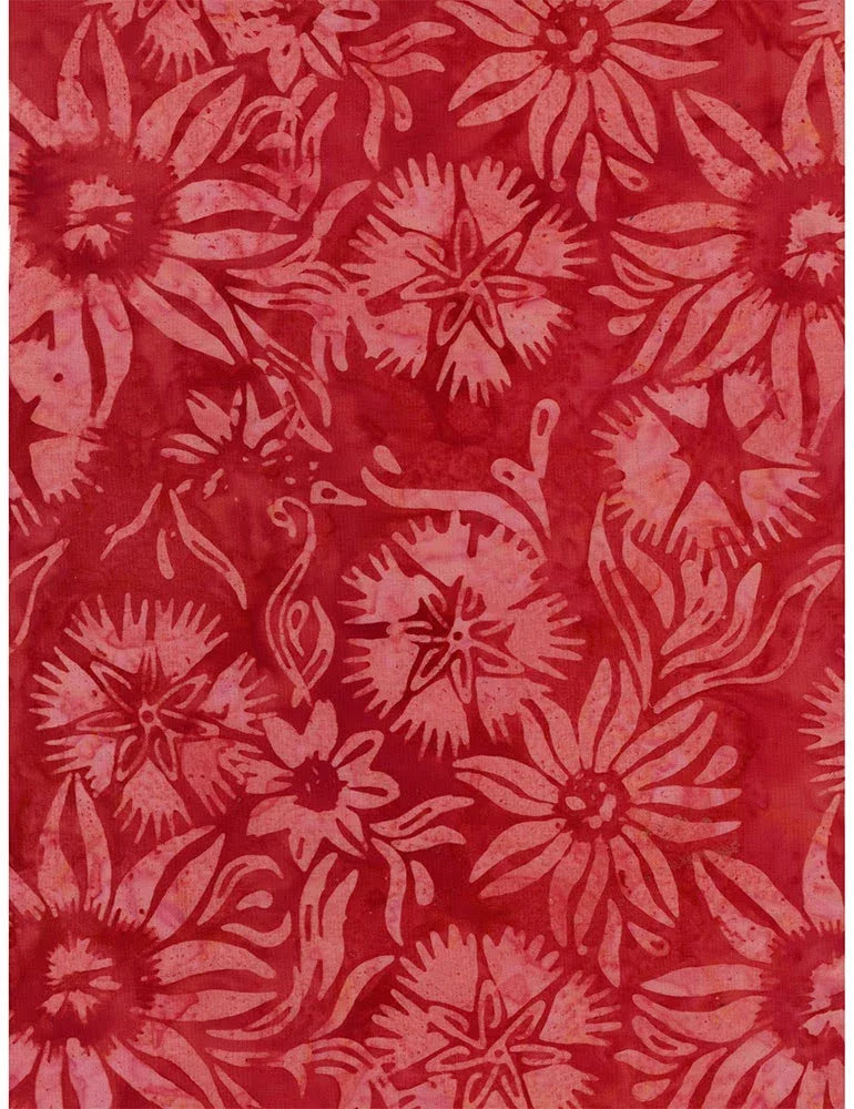 Red floral patterned fabric with stylized leaves and flowers