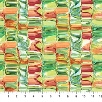 Textured fabric swatch with multicolor block pattern in green, orange, and red