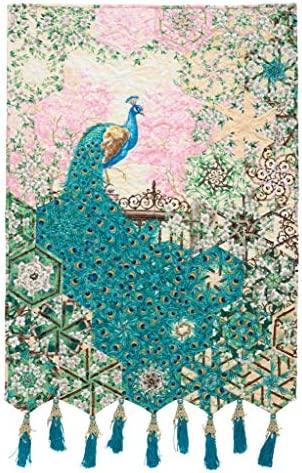 Quilt panel with teal peacock, floral vines, and hanging blue tassels