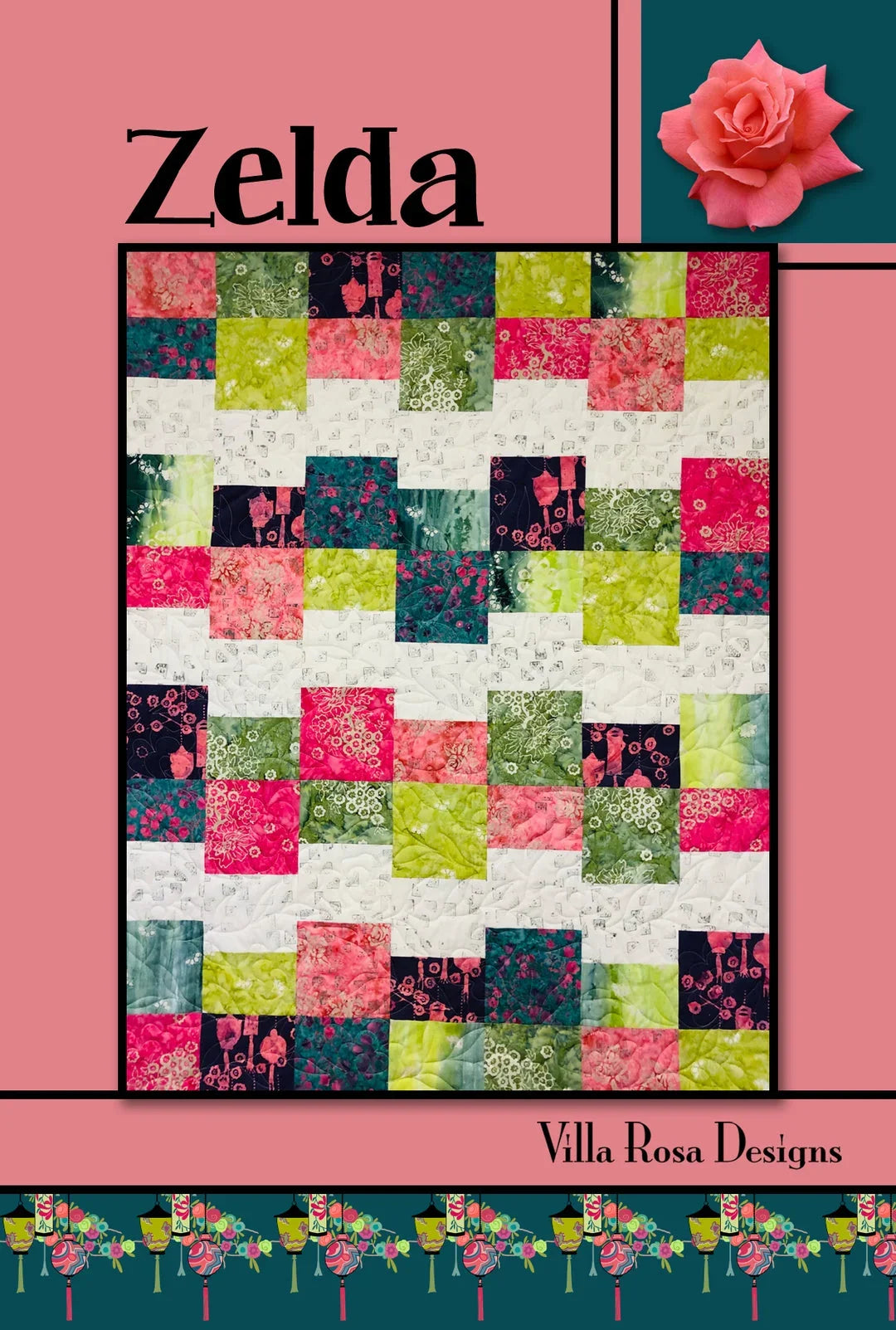 Zelda quilt pattern by Villa Rosa Designs, colorful patchwork square layout on cover