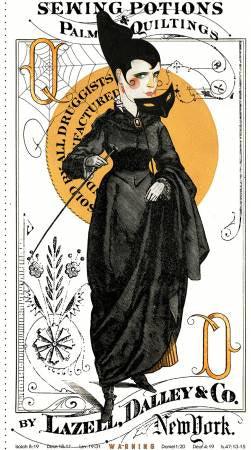 Vintage quilt sewing main panel with woman in black dress illustration
