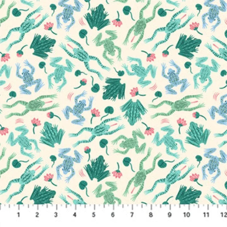 Quilt fabric with repeating mint and teal frog pattern on light blue background