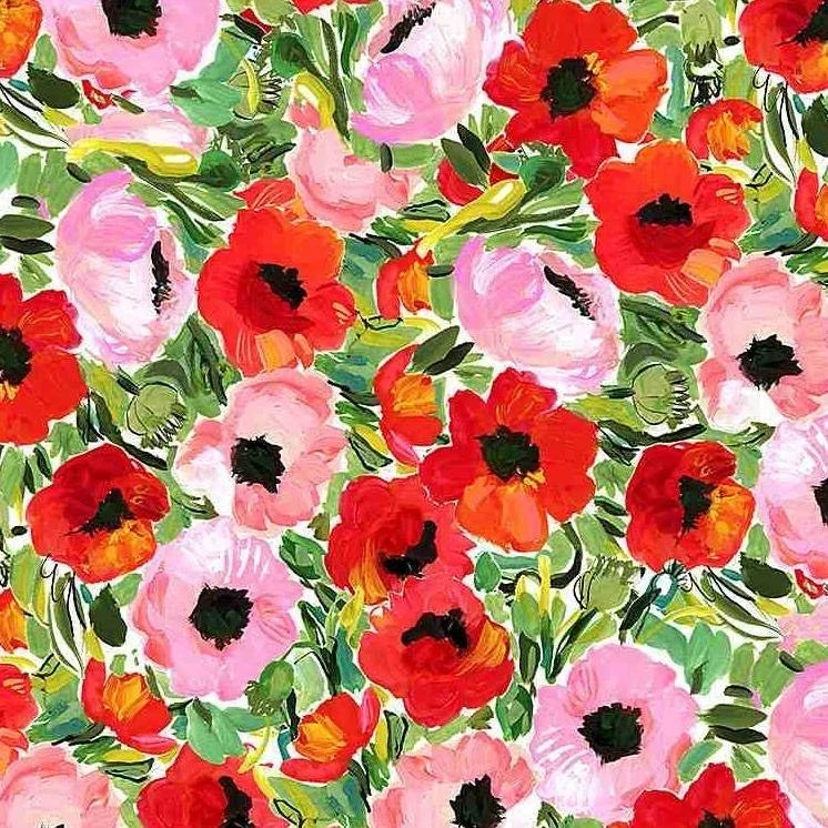 Floral fabric with red and pink poppies and green leaves all-over print