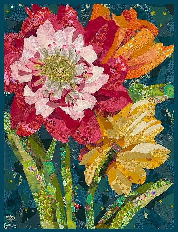 June Bloom collage pattern with pink flower, yellow petals, and green stems