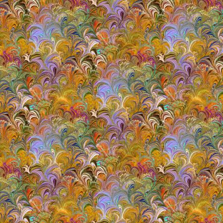 Multicolor fabric with curved feather-like motifs in orange, purple, green, and gold