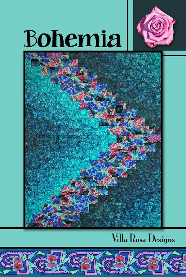 Bohemia quilt pattern showing diagonal patchwork strips with teal blue and floral accents