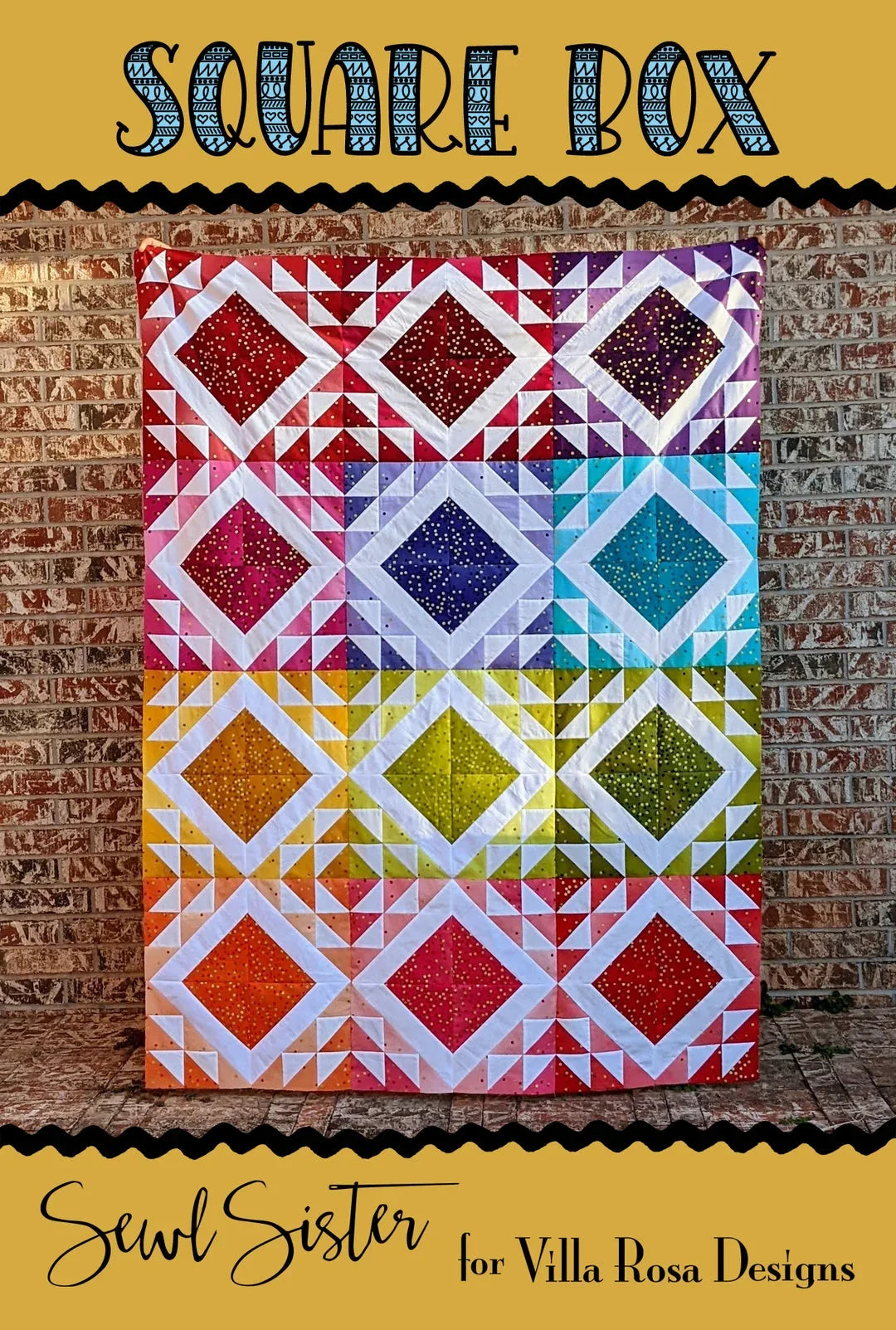 Square Box quilt with diamond and square patchwork in red, blue, and purple