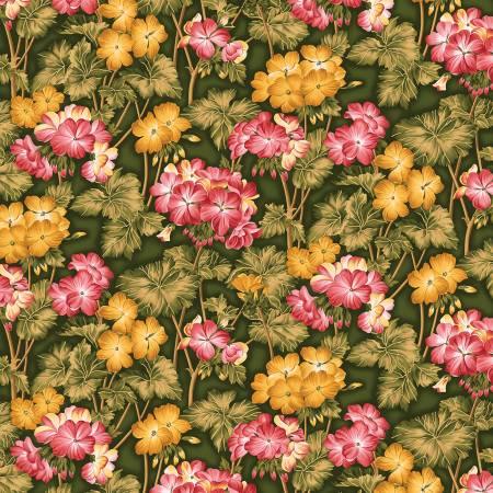 Floral cotton fabric with pink, yellow, and orange geranium flowers on dark green