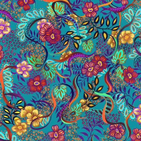 Teal floral fabric with purple and multicolor blooms and swirls, leaf accents