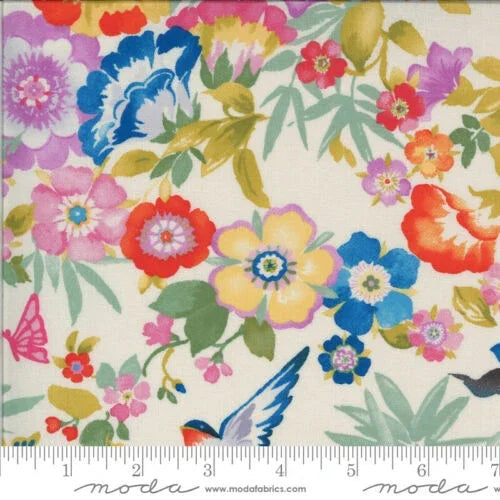 Floral and butterfly printed linen fabric, multicolor