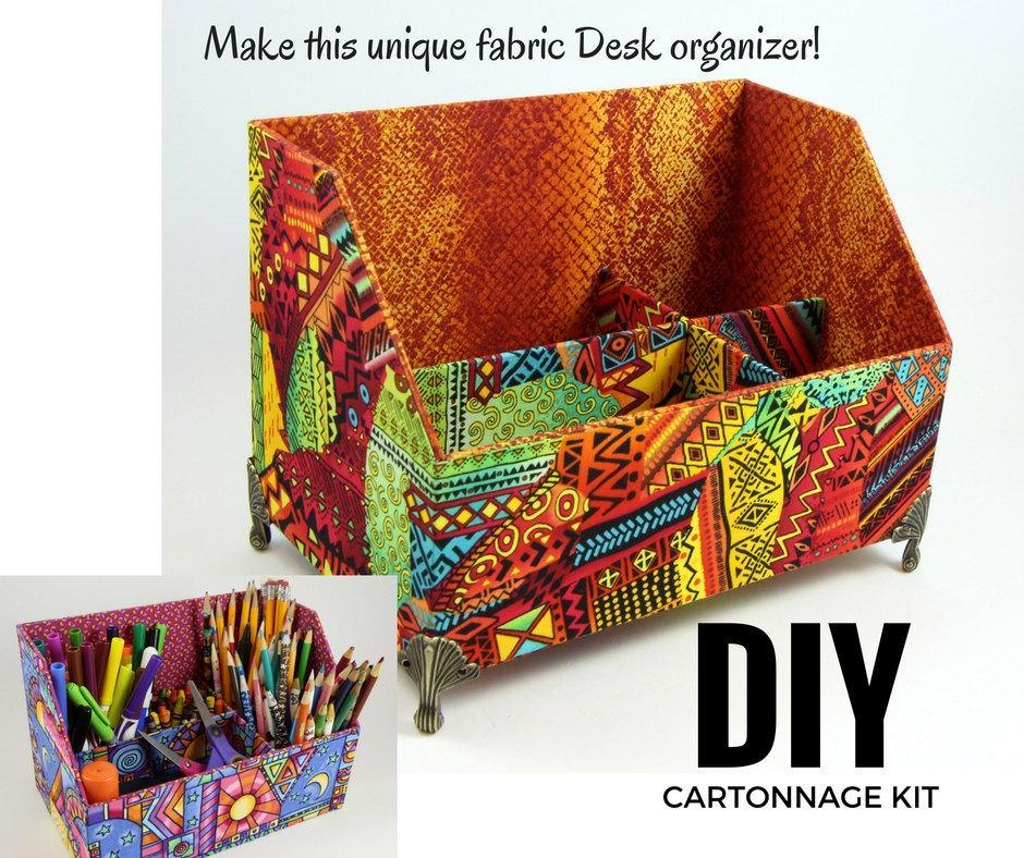 Fabric desk organizer with colorful hex-pattern sides, open bin for pens, pencils, and crafts.