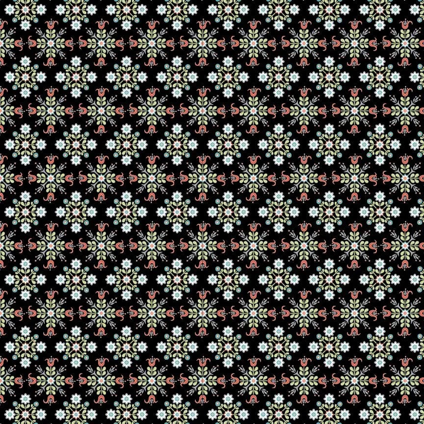 Black cafe curtain fabric with multicolor floral and geometric pattern