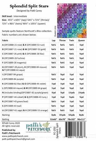 Splendid Split Stars quilt pattern instruction page with sizes and fabric notes